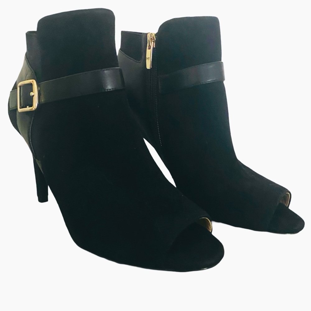 Marc Fisher Shimmee Suede Booties 7.5 Black Leather Peep Toe Heels Buckle Boots